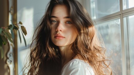 A beauty girl with long hair styled in soft curls, standing by a window with light filtering through