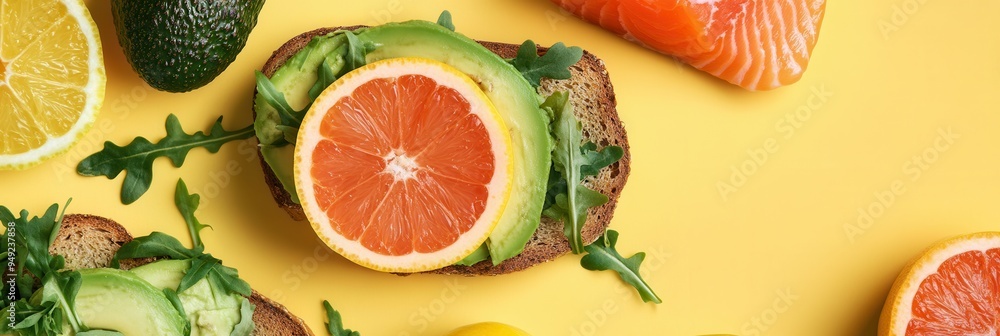 Poster this delightful breakfast features avocado toast topped with fresh citrus and salmon, all artistical