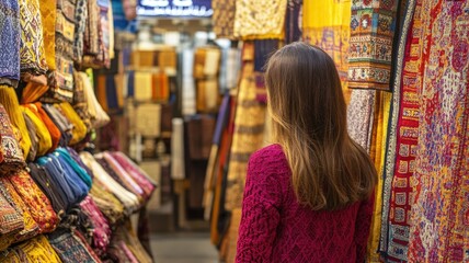 Obraz premium Woman browsing colorful fabric stalls in market