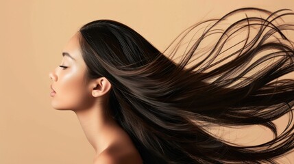 Fototapeta premium A beauty girl with long, straight hair, flipping her hair back in a carefree motion
