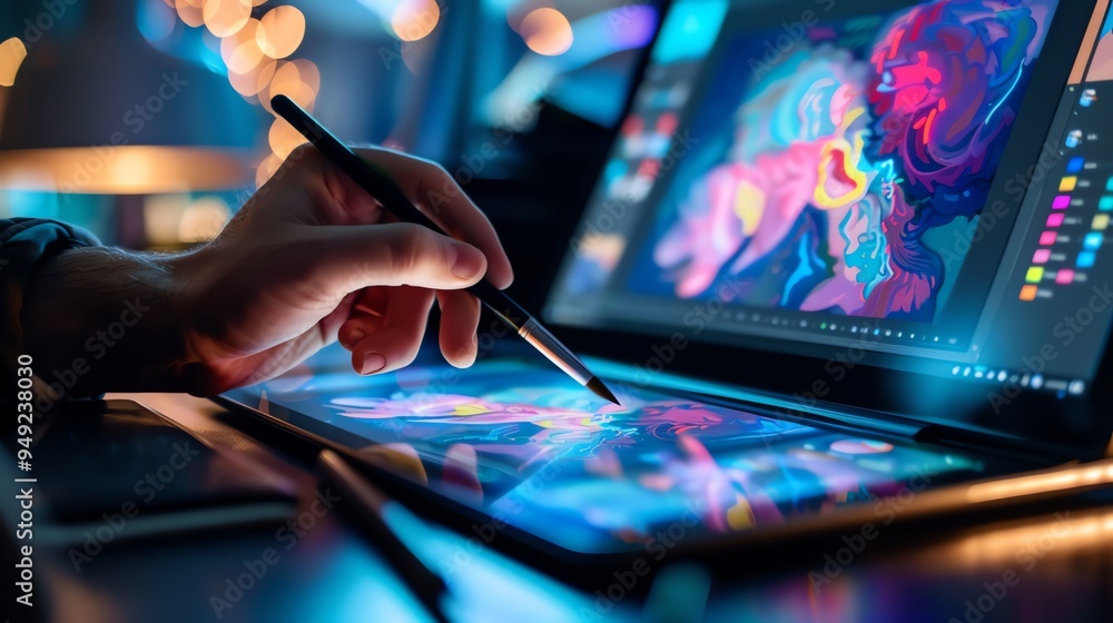Poster a person is using a stylus to draw on a tablet, with a laptop computer open and a blurred image in t