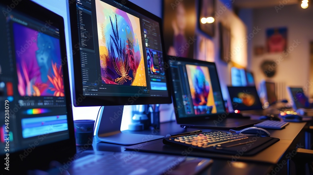 Poster several computer monitors showing colorful images and a keyboard on a desk in a brightly lit room.