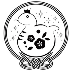 Obraz premium 巳年年賀状アイコン、白黒、蛇、イラスト、鮑結び、かわいい