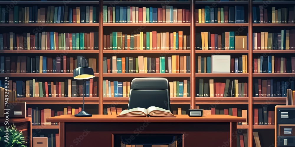 Poster workplace with a not book on the desk, and bookshelf in the library background.