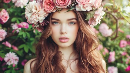 Naklejka premium A beauty girl with long, thick hair styled in loose waves, wearing a floral crown in a garden setting