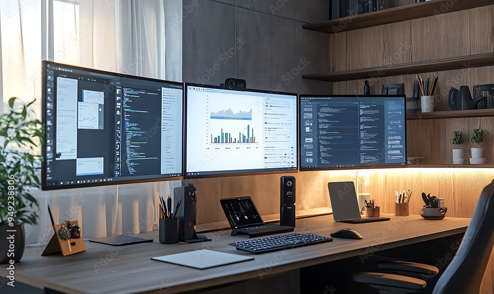 Aufkleber home office setup with dual monitors, smart whiteboard, and ai-powered task management for remote wo