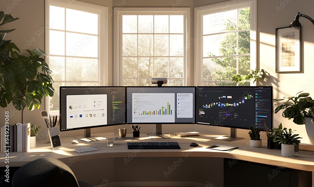 Poster home office setup with dual monitors, smart whiteboard, and ai-powered task management for remote wo