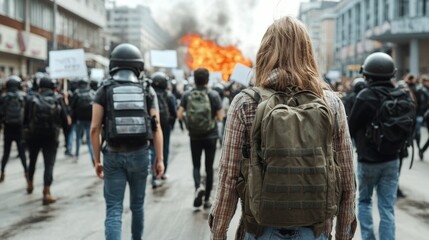 Urban chaos - riots with protesters clashing in city streets amid fire and smoke, depicting scene of emergency, violence, with police controlling situation during a major upheaval.