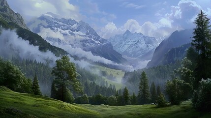 Obraz premium Majestic Mountain Landscape with Foggy Valley and Snow-Capped Peaks