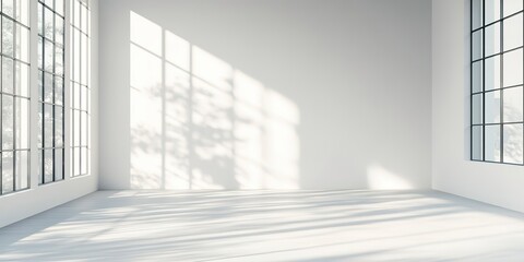 Empty room with large windows and sunlight casting shadows on white walls. 