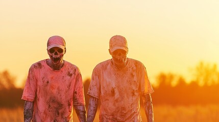 Two individuals in artistic skull makeup walking together at sunset, creating a striking and eerie atmosphere.