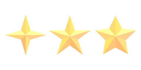 Obraz premium Yellow star icons. Geometric three dimensional shapes. Gradient golden hues. Vector symbols.