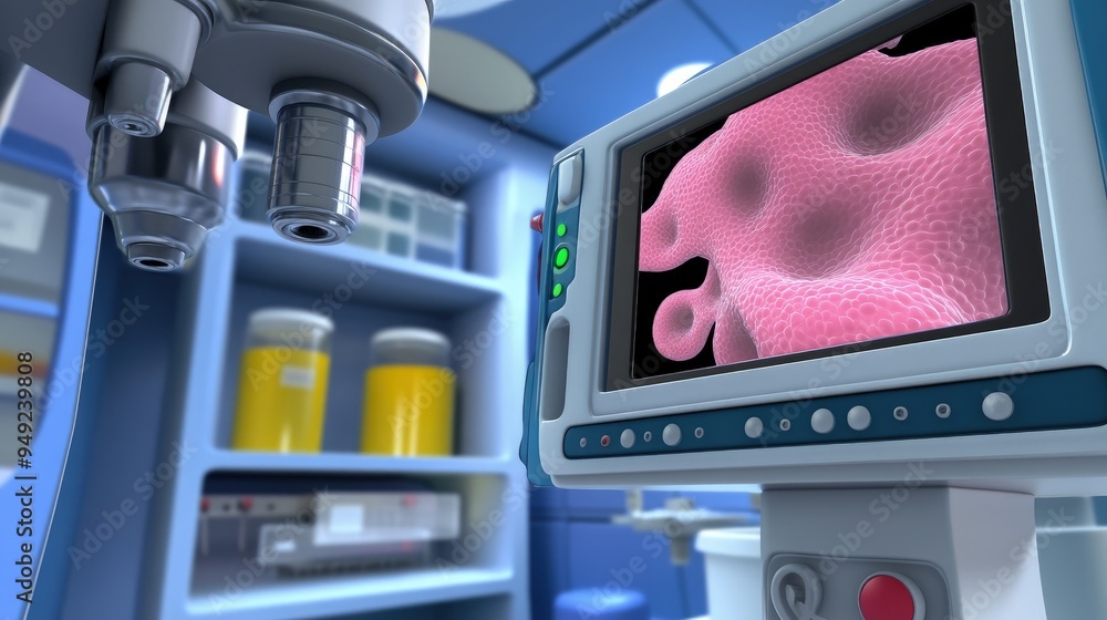Poster close-up of a digital microscope, high-resolution image on the screen, lab environment