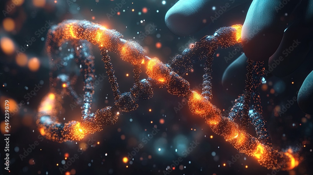 Poster close-up of a dna microarray chip, gloved hand holding it, lab setting