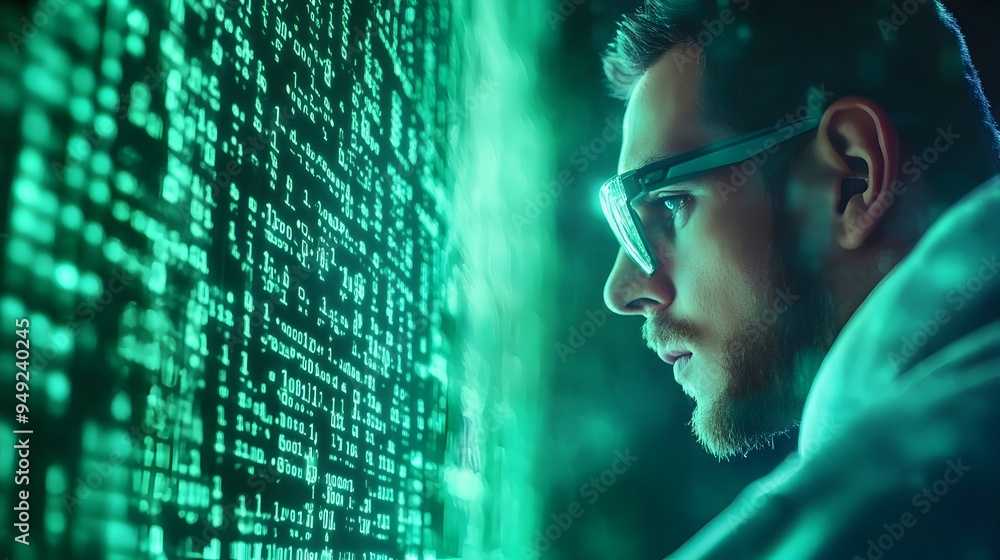 Aufkleber developer writing cyberpunk inspired html code with glitch effects and neon infused atmosphere