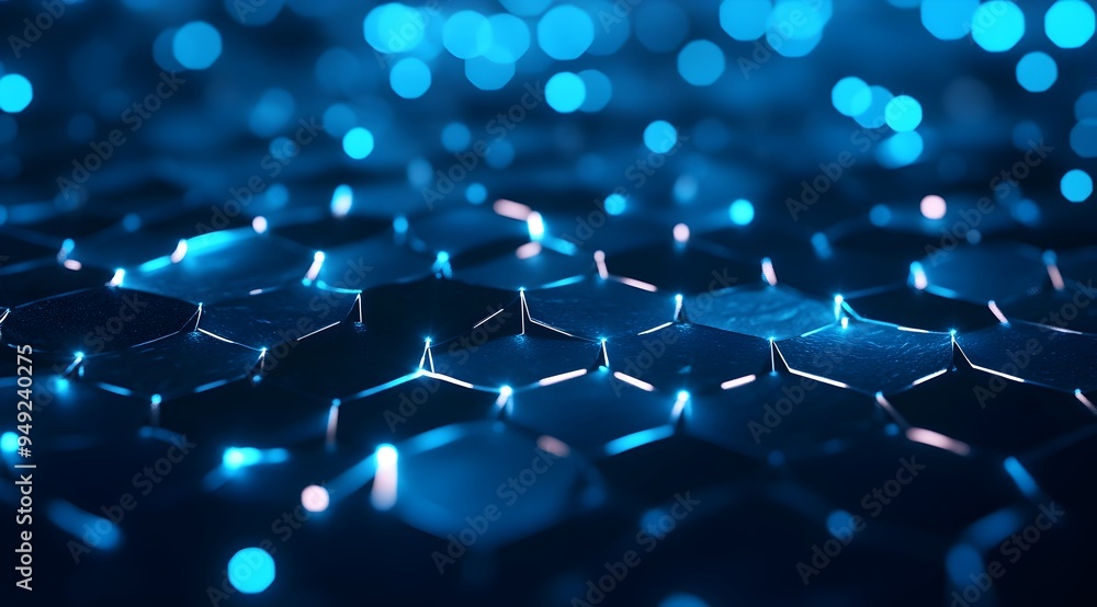 Poster futuristic digital network of interconnected hexagonal patterns in vibrant blue hues