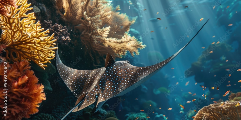 Wall mural Spotted eagle ray Aetobatus narinari swimming in the Red Sea underwater landscape