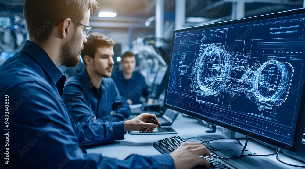 Aufkleber two engineers collaborating on high tech industrial machine at desk with digital displays