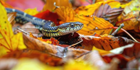Obraz premium Curious small garter snake blending in with scattered autumn foliage in the woods.