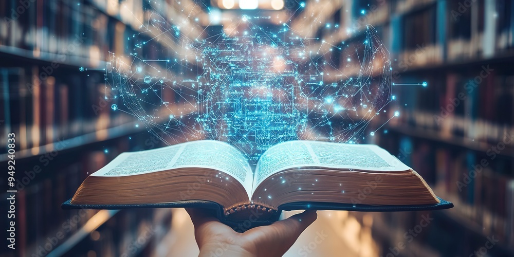 Poster hand holding a open book with digital technology elements in library background.