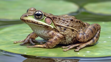 Fototapeta premium Close-up of a frog on a lily pad, pond water reflecting sky, soft natural light