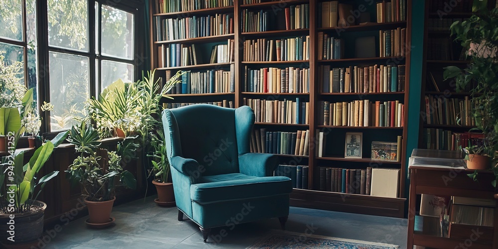 Poster old library with cozy armchair and book shelves with books arranged orderly in room with potted plants by window 