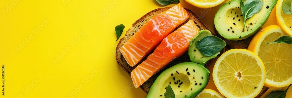 Aufkleber Enjoy a nutritious breakfast featuring creamy avocado toast topped with fresh salmon and accompanied by bright citrus slices. Generative AI