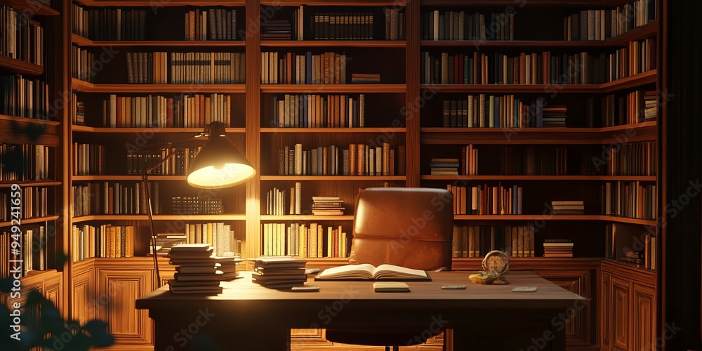 Poster workplace with a not book on the desk, and bookshelf in the library background.