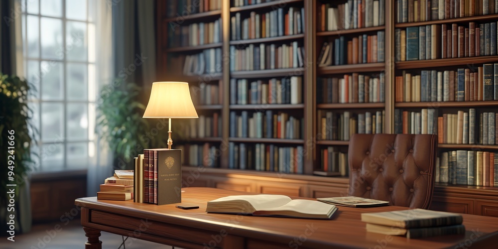 Poster workplace with a not book on the desk, and bookshelf in the library background.