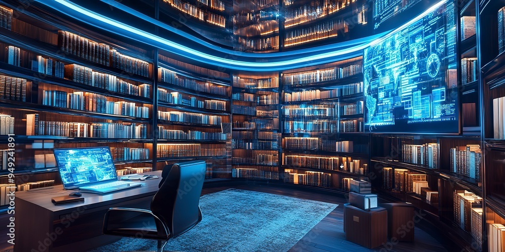 Poster modern digital library room with virtual assistant displaying international case law for efficient r