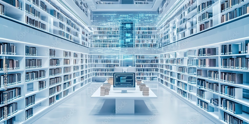 Aufkleber a modern library filled with books arranged in shelves, featuring a computer interface with futurist