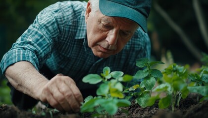 Fototapeta premium Senior Man Tending to His Herb Garden, Nurturing Nature, Peace, and Growth, A Peaceful Moment in the Garden