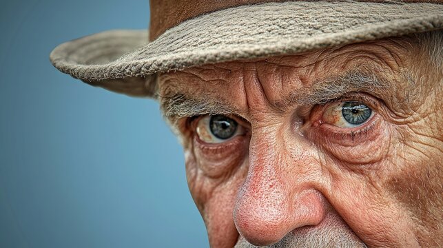 Close-up of a man&acirc;&euro;&trade;s face, wearing a traditional Andean hat, bright sky background