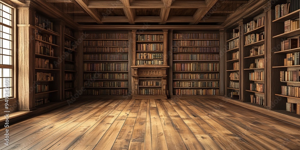 Poster Old library interior with bookshelf and wooden floor. 3d rendering