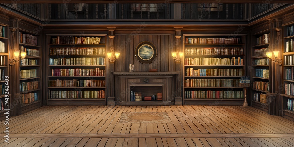 Poster old library interior with bookshelf and wooden floor. 3d rendering