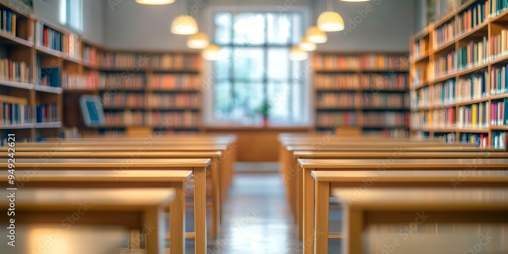 Poster blurred empty library interior space. blurry classroom with bookshelves. background or backdrop in b