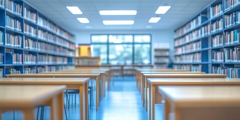 Blurred empty library interior space. Blurry classroom with bookshelves. background or backdrop in book shop business or education 