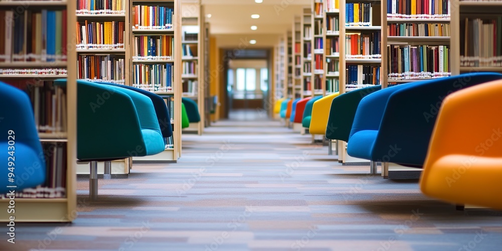 Poster the quiet aisles of a library with rows of books and colorful chairs invite a peaceful reading and s