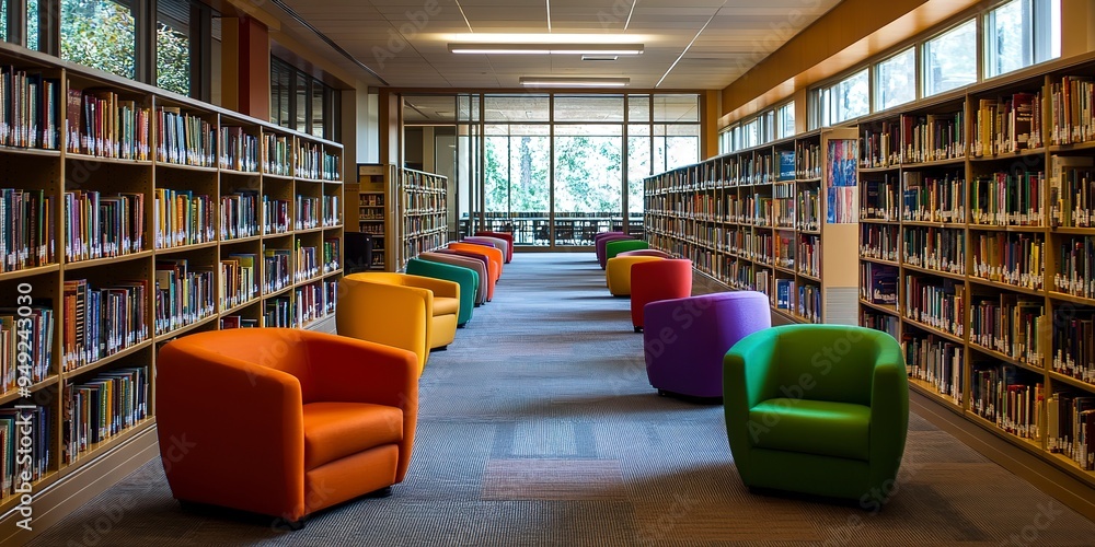 Poster the quiet aisles of a library with rows of books and colorful chairs invite a peaceful reading and s