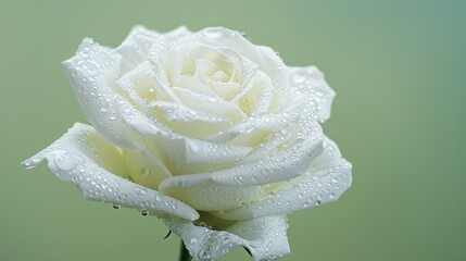 A close-up of a white rose with a single raindrop on its petal, set against a soft green background