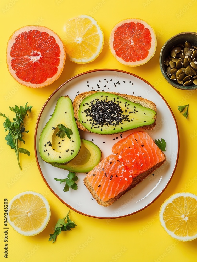 Poster enjoy a healthy breakfast spread with avocado toast topped with salmon, surrounded by fresh citrus f
