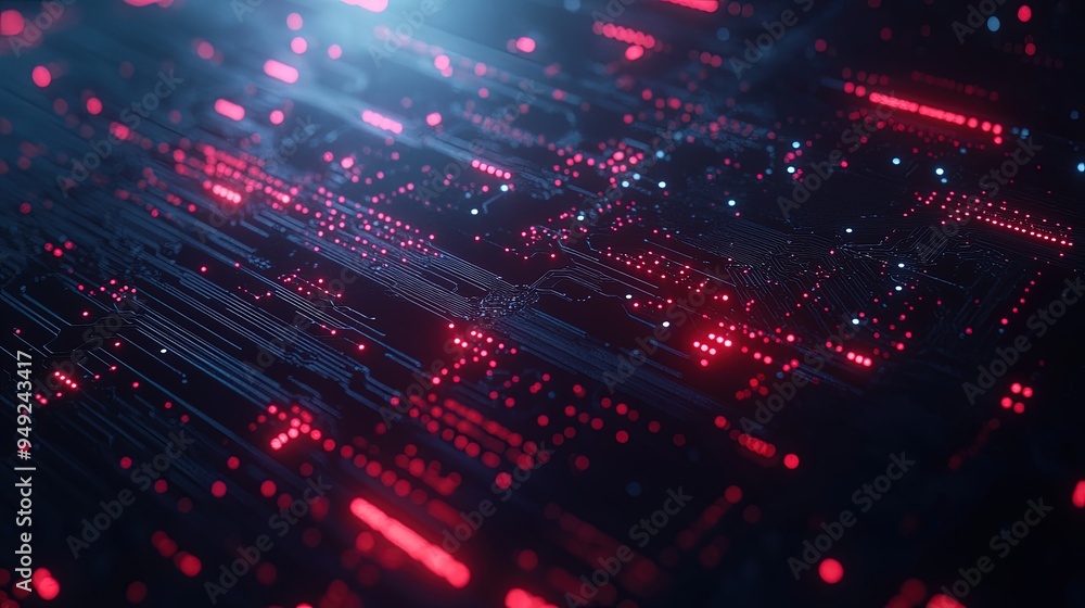 Poster close-up of a microchip, intricate circuit patterns, bright lab lighting