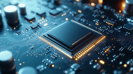 Close-up of a microchip, intricate circuit patterns, bright lab lighting