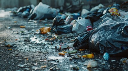 A close-up of garbage bags torn open by animals, with trash spread across the ground