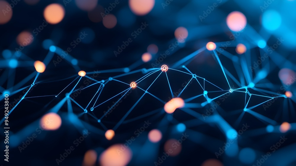 Poster striking minimalist digital architecture blueprint with interconnected nodes and holographic element