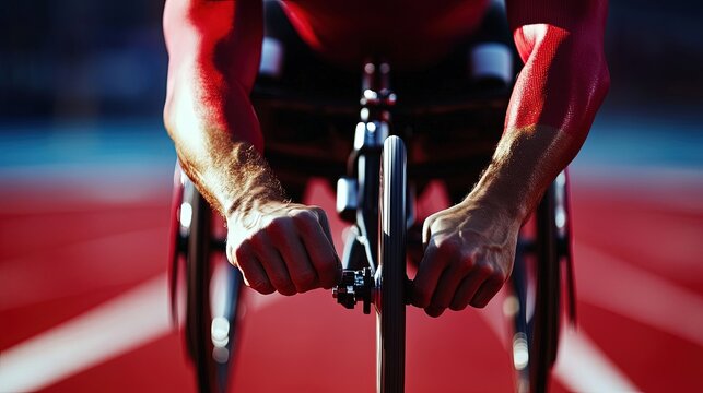 Close-up of a para-athlete adjusting his wheelchair before a race, hands gripping the wheels, racetrack background