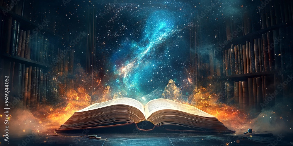 Poster magical library with an open book and a window to the universe, blending knowledge and fantasy in a 