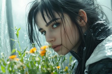 Naklejka premium Woman tending to flowers in a greenhouse, a nurturing scene of love and care for nature Her gentle touch brings life to the vibrant blooms, creating a beautiful display of growth and beauty The