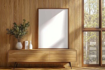 Poster Frame Mockup on Wooden Interior Background created with Generative AI