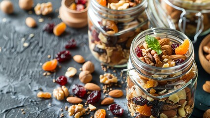 A table with a variety of nuts, seeds and dried fruit.